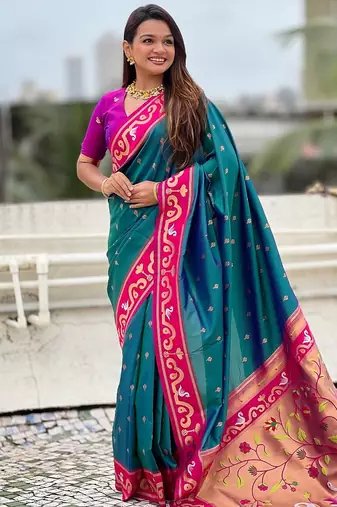 Teal blue pink woven self design pure silk paithani saree with blouse