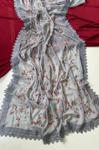 Grey Color  Sequins embroidered jaal and multi thread georgate saree cutwork design 