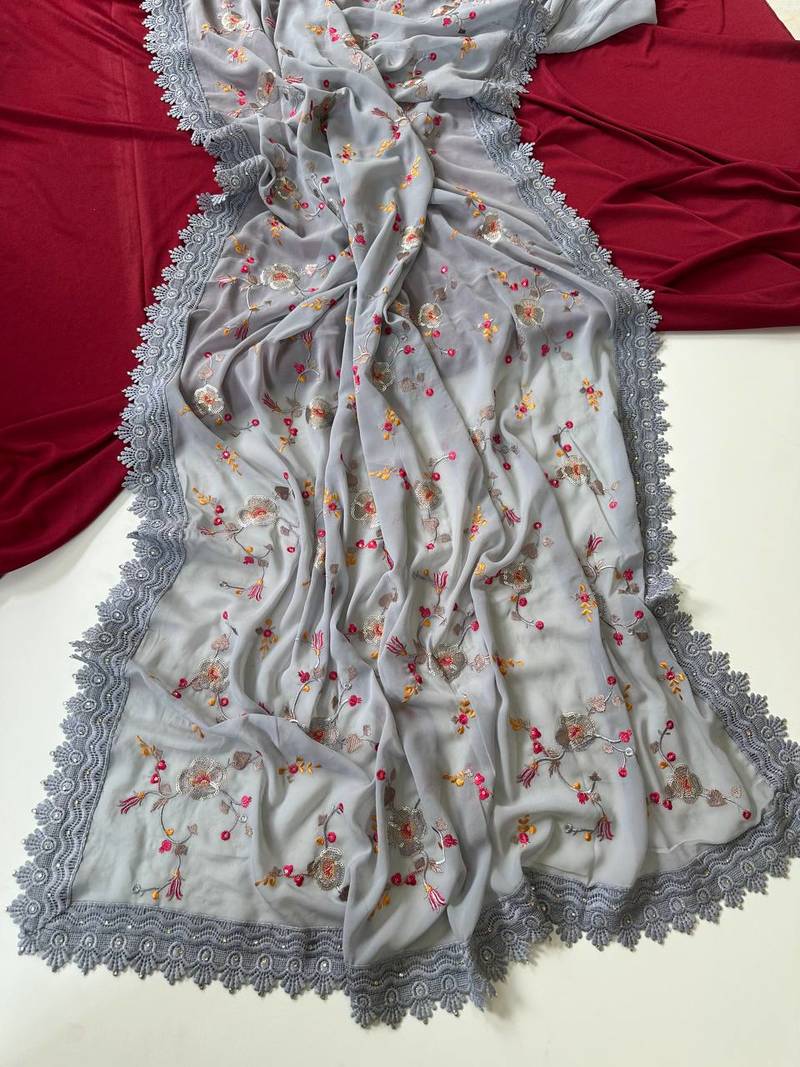 Grey Color  Sequins embroidered jaal and multi thread georgate saree cutwork design 