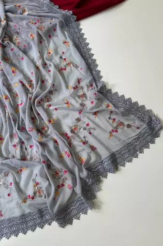 Grey Color  Sequins embroidered jaal and multi thread georgate saree cutwork design 