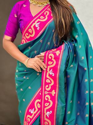Teal blue pink woven self design pure silk paithani saree with blouse 4