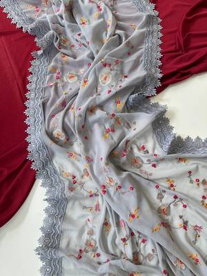 Grey Color  Sequins embroidered jaal and multi thread georgate saree cutwork design  3