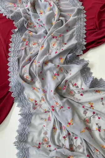 Grey Color  Sequins embroidered jaal and multi thread georgate saree cutwork design 