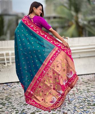 Teal blue pink woven self design pure silk paithani saree with blouse 5