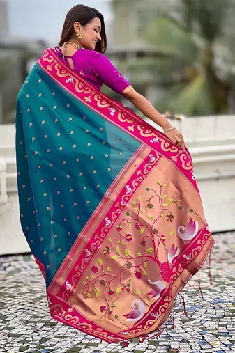 Teal blue pink woven self design pure silk paithani saree with blouse