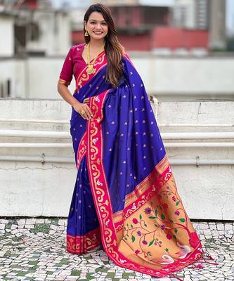 Violet woven self design pure silk paithani saree with blouse 1