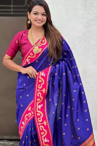 Violet woven self design pure silk paithani saree with blouse
