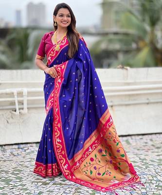 Violet woven self design pure silk paithani saree with blouse 3