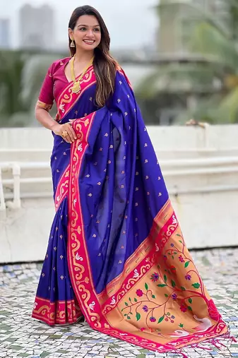 Violet woven self design pure silk paithani saree with blouse