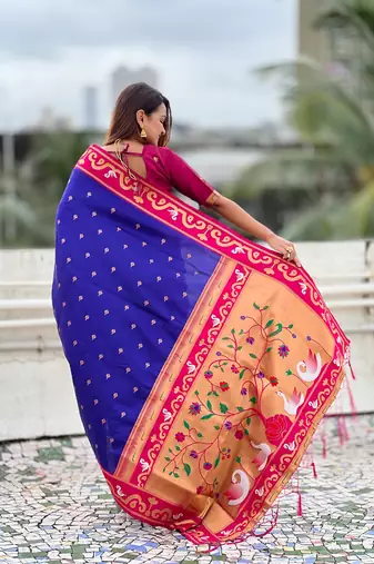 Violet woven self design pure silk paithani saree with blouse