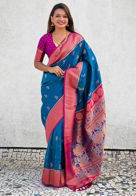 Blue woven self design pure silk paithani saree with blouse 1