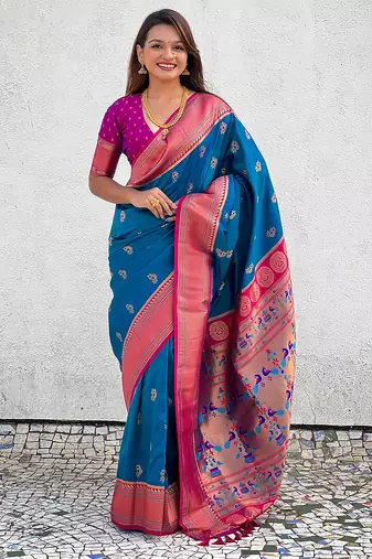 Blue woven self design pure silk paithani saree with blouse