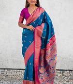 Blue woven self design pure silk paithani saree with blouse