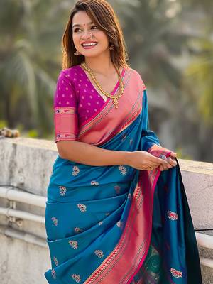 Blue woven self design pure silk paithani saree with blouse 2