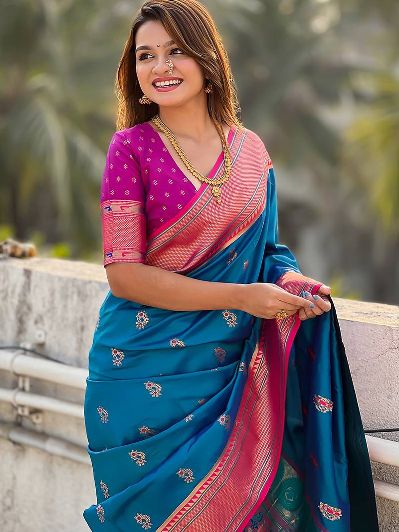 Blue woven self design pure silk paithani saree with blouse