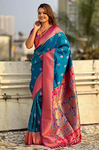 Blue woven self design pure silk paithani saree with blouse