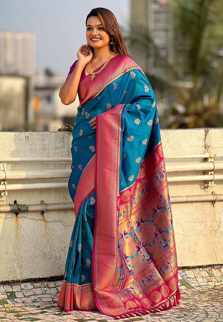 Blue woven self design pure silk paithani saree with blouse