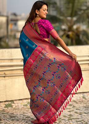 Blue woven self design pure silk paithani saree with blouse 4