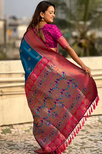 Blue woven self design pure silk paithani saree with blouse