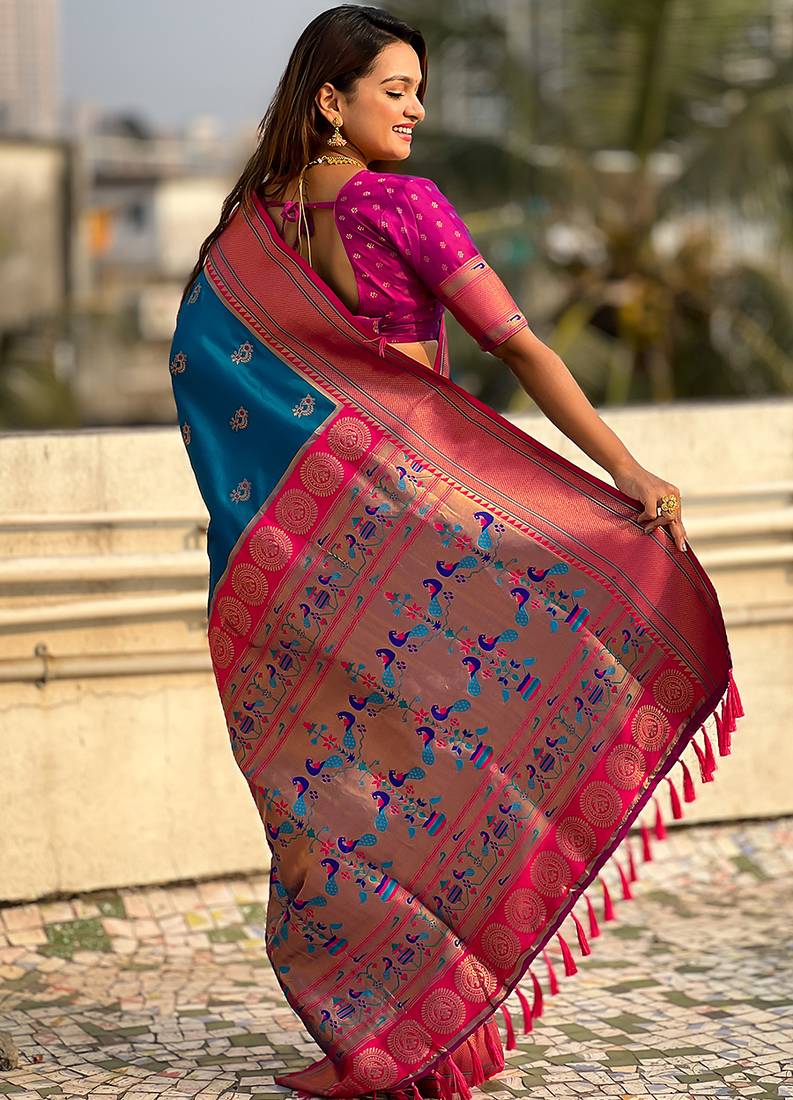 Blue woven self design pure silk paithani saree with blouse