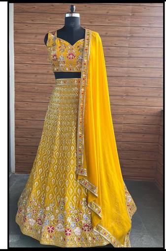 Mustard Yellow Faux Georgette Lehenga Choli with Multicolor Thread & Sequins Embroidery