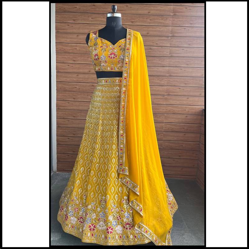 Mustard Yellow Faux Georgette Lehenga Choli with Multicolor Thread & Sequins Embroidery