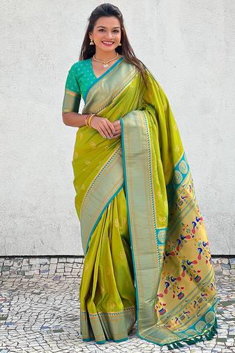 Mehendi woven self design pure silk paithani saree with blouse