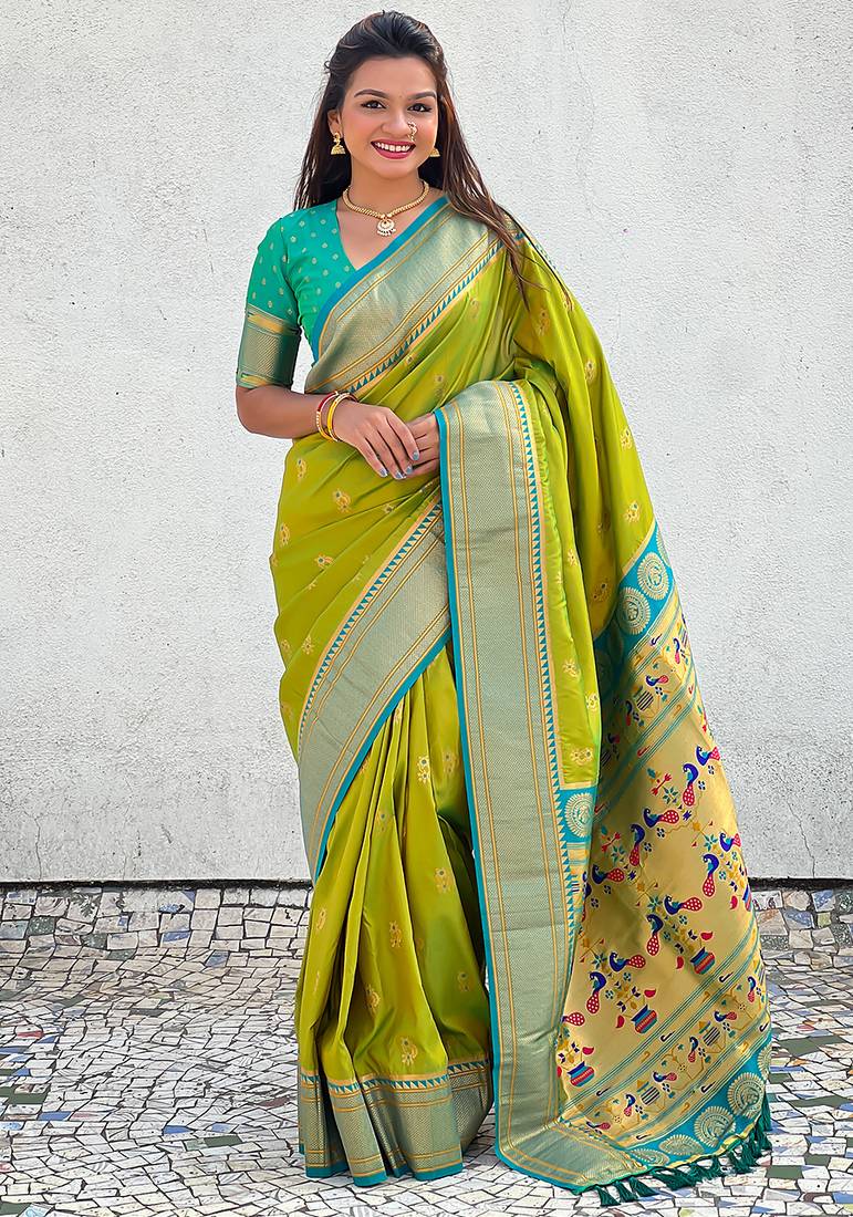 Mehendi woven self design pure silk paithani saree with blouse