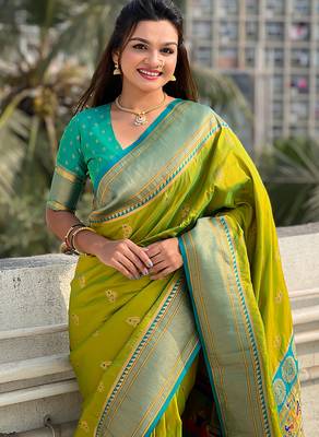Mehendi woven self design pure silk paithani saree with blouse 2