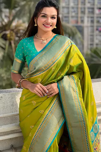 Mehendi woven self design pure silk paithani saree with blouse