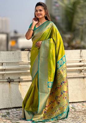 Mehendi woven self design pure silk paithani saree with blouse 3