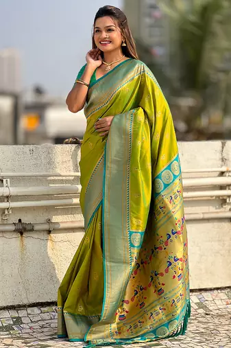 Mehendi woven self design pure silk paithani saree with blouse