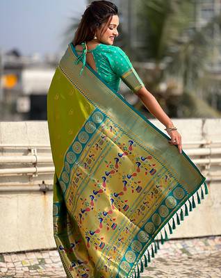 Mehendi woven self design pure silk paithani saree with blouse 4