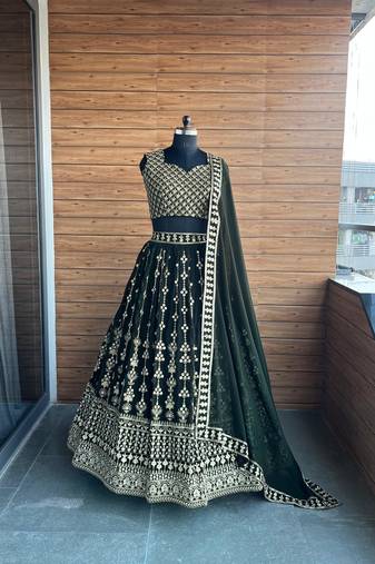 Dark Green Faux Georgette Lehenga Choli with Zari & Sequins Embroidery