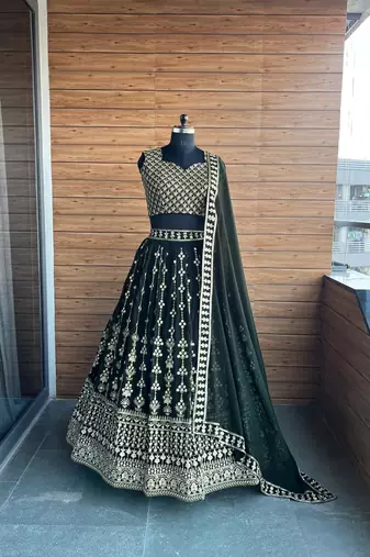 Dark Green Faux Georgette Lehenga Choli with Zari & Sequins Embroidery