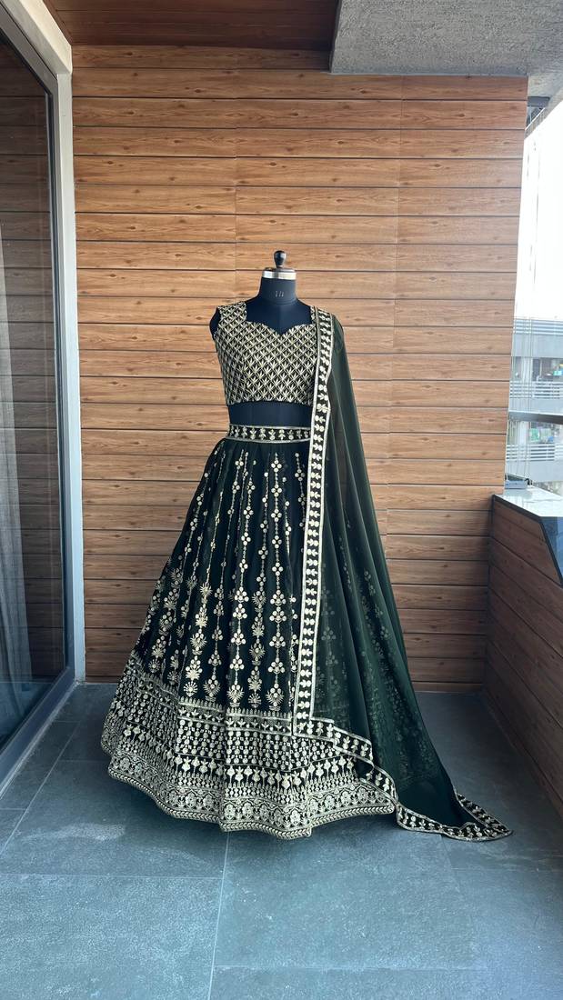Dark Green Faux Georgette Lehenga Choli with Zari & Sequins Embroidery