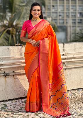 Orange woven self design pure silk paithani saree with blouse 1
