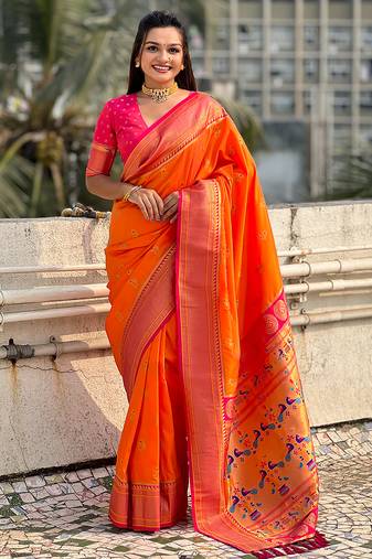 Orange woven self design pure silk paithani saree with blouse