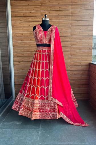 Pink And Orange Faux Georgette Sequins & Zari Embroidered Lehenga Choli Se