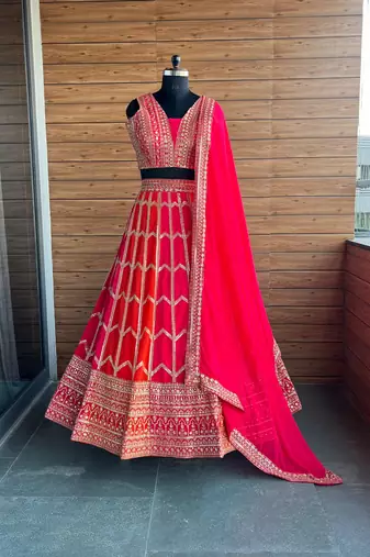 Pink And Orange Faux Georgette Sequins & Zari Embroidered Lehenga Choli Se