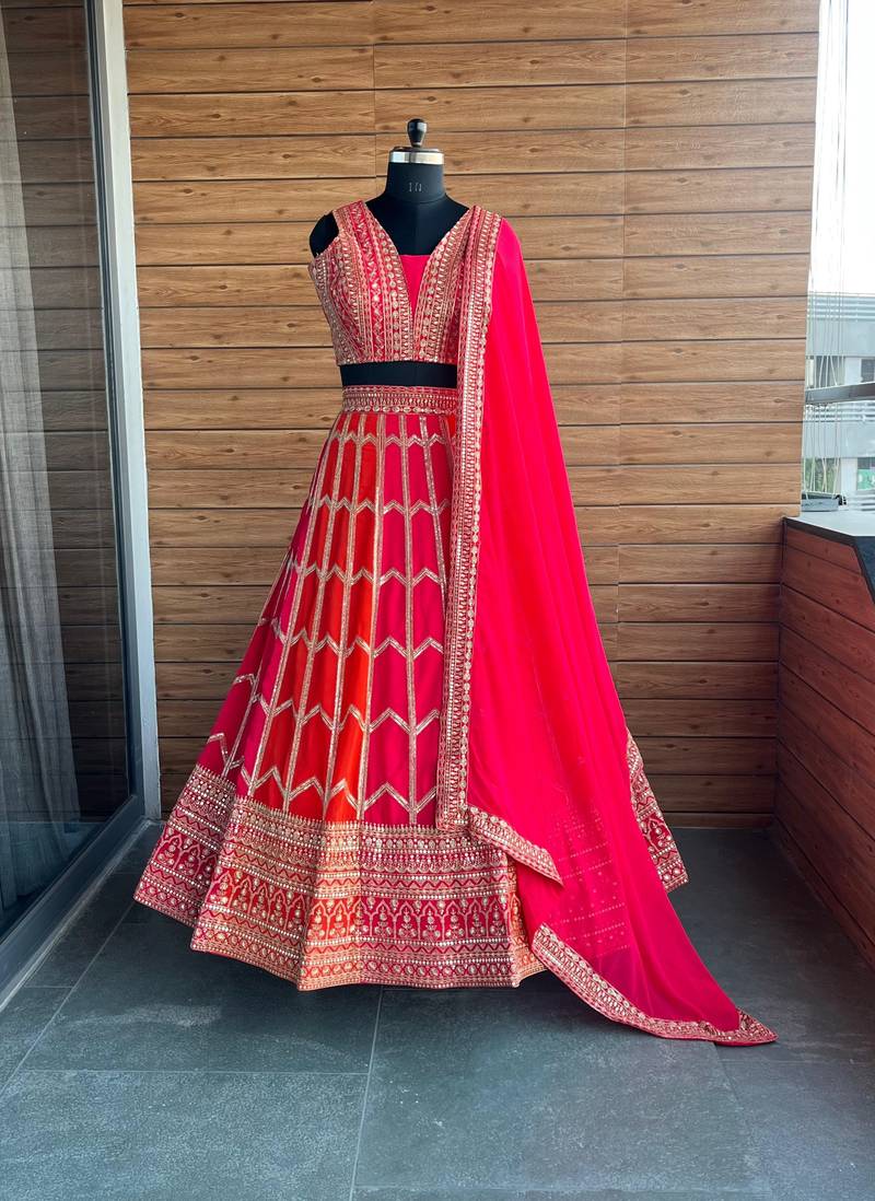 Pink And Orange Faux Georgette Sequins & Zari Embroidered Lehenga Choli Se