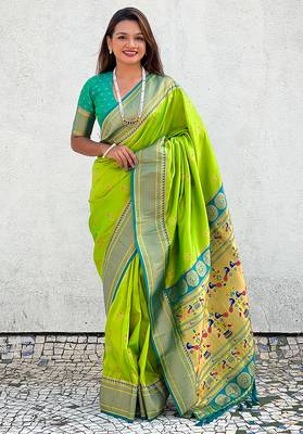 Parrot green woven self design pure silk paithani saree with blouse 1
