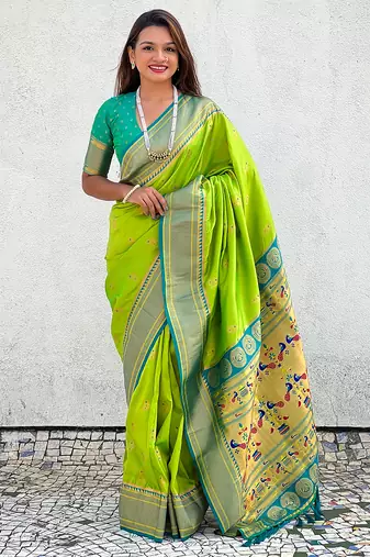 Parrot green woven self design pure silk paithani saree with blouse