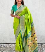Parrot green woven self design pure silk paithani saree with blouse