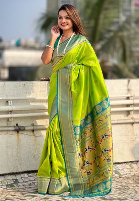 Parrot green woven self design pure silk paithani saree with blouse 3