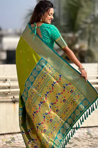 Parrot green woven self design pure silk paithani saree with blouse