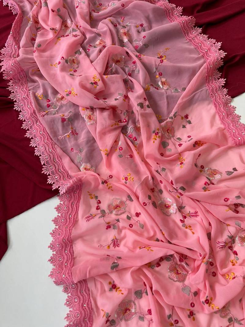 Light Pink  Color  Sequins embroidered jaal and multi thread georgate saree cutwork design 