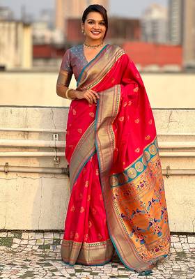 Pink woven self design pure silk paithani saree with blouse 1