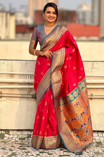 Pink woven self design pure silk paithani saree with blouse