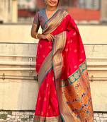 Pink woven self design pure silk paithani saree with blouse